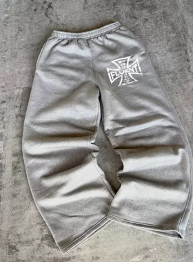 y2k hoodie~美式街头印花卫裤男女宽松阔腿长裤灰色松紧腰休闲裤