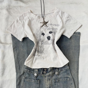 T恤 可爱小狗印花烫钻甜酷风显瘦短款 美式 复古vintage白色收腰短袖