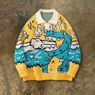 y2k hoodie~美式复古卡通鳄鱼圆领毛衣男女宽松套头针织衫童趣风