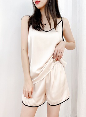 睡衣女夏天冰丝薄款性感v领可外穿缎面吊带背心短裤两件套装宽松