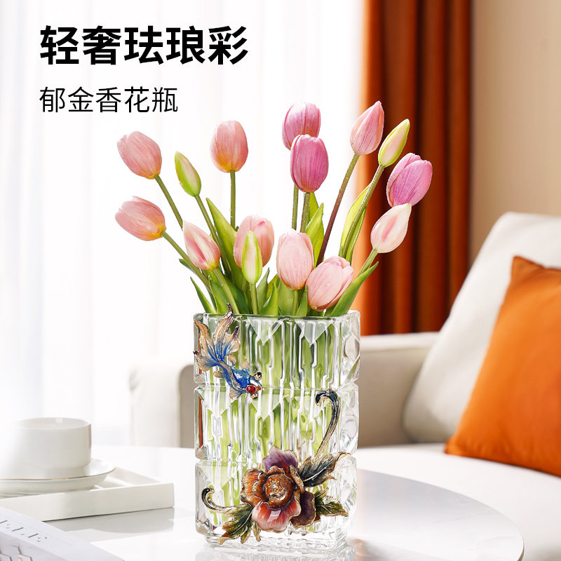 小众高级感珐瑯彩客厅软装水培鲜花玻璃花瓶郁金香彷真花装饰摆饰