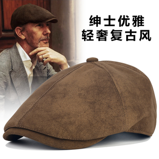 高端品牌磨砂质感皮咖啡色贝雷帽男冬英式复古前进帽中年鸭舌帽子