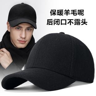 秋冬季后封口帽子男士保暖加绒羊毛呢棒球帽大头围冬天光头鸭舌帽