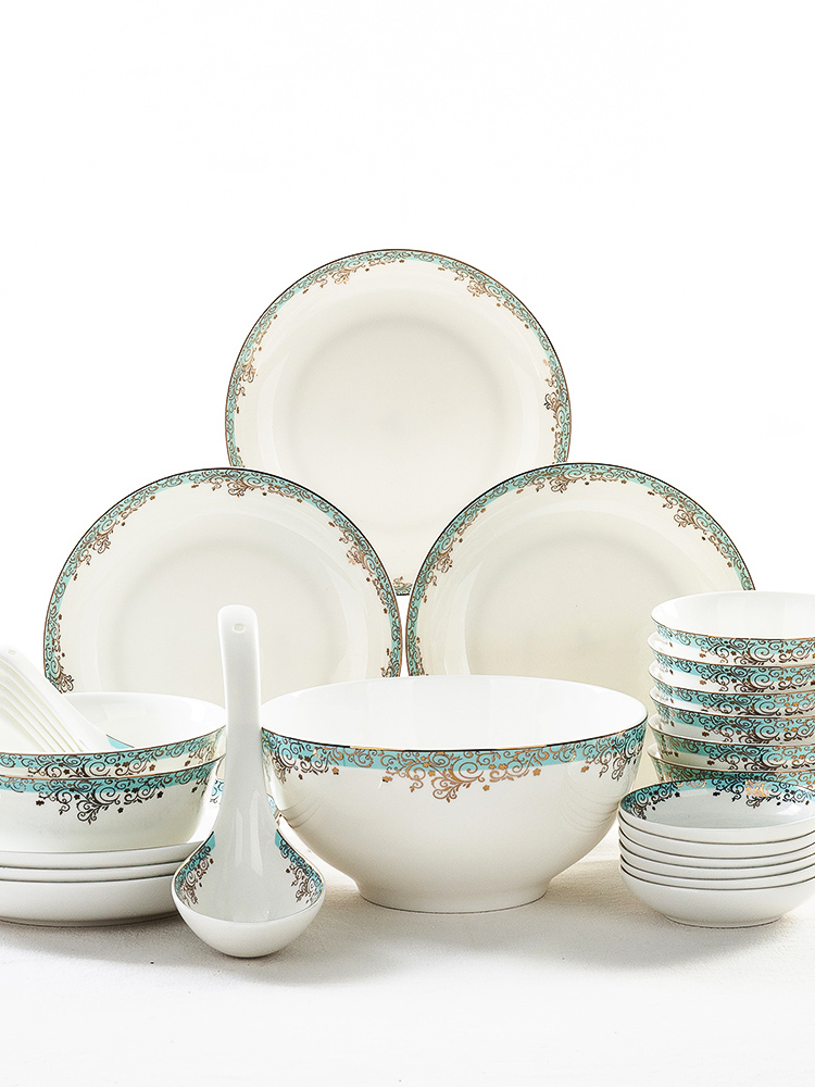 伟润骨瓷餐具碗和盘子礼盒集24金边无障碍豪华碗和盘子微波家庭礼