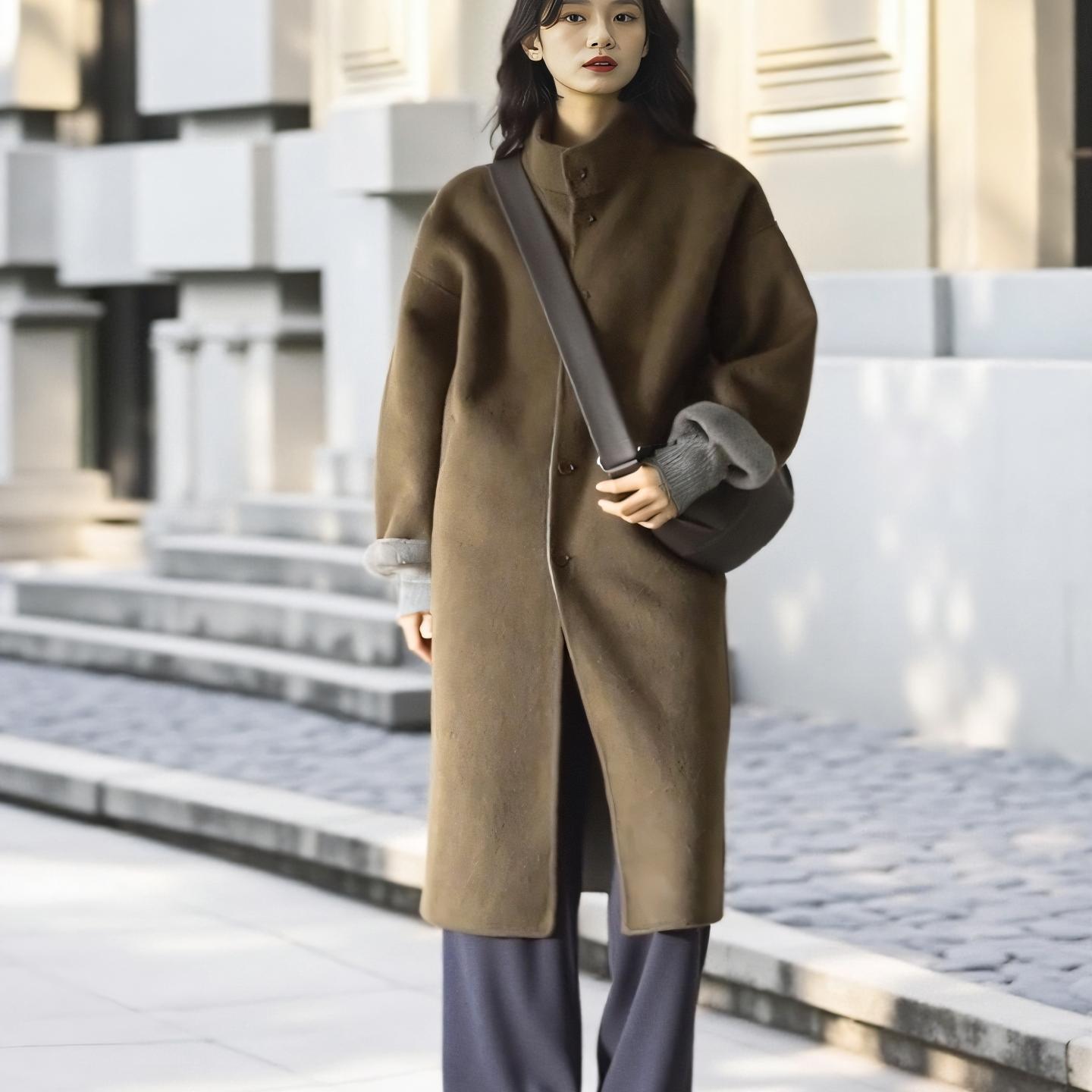 preffree浮记/ 高级橄榄灰双色100%羊毛双面大衣