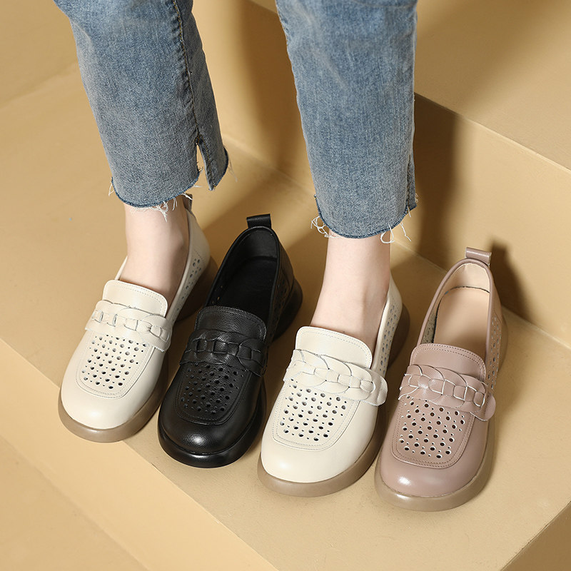 真皮软皮软底镂空透气乐福单鞋女春秋平底一脚蹬妈妈皮鞋大码鞋子,女鞋,乐福鞋（豆豆鞋）,淘宝优惠券,粉丝福利购,淘宝优惠卷