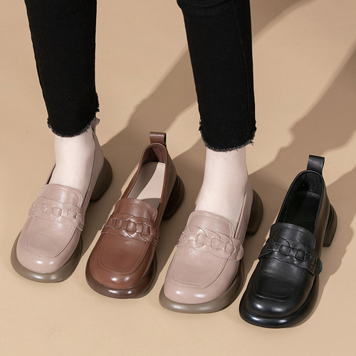 真皮软皮平底圆头乐福鞋