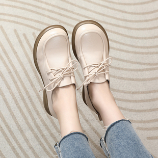 不累脚软皮软底休闲女鞋 秋季 子 2025新款 真皮头层牛皮深口系带单鞋