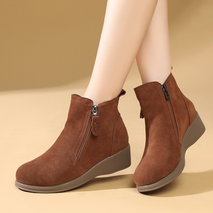 真皮磨砂牛皮坡跟短靴女新款秋冬加绒保暖棉靴厚底不累脚妈妈靴子