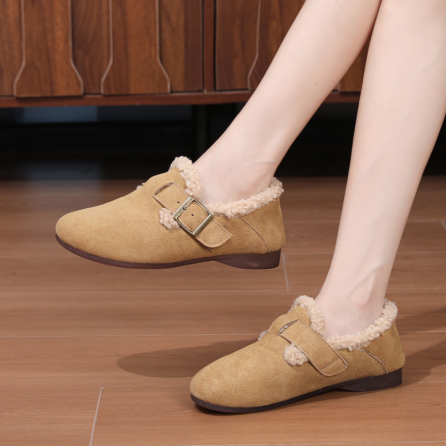 磨砂牛皮加绒毛毛鞋保暖棉鞋