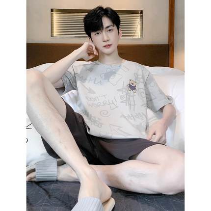 男士睡衣男款夏季纯棉夏天薄款涂鸦可爱短袖套装青少年家居服男生