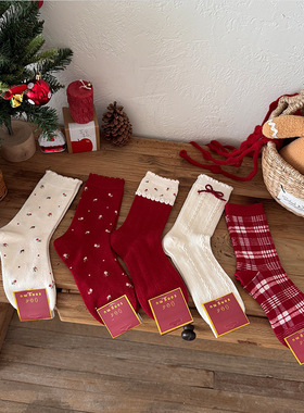 “安可拉红色格子”红色系立体韩系蝴蝶结小碎花少女心满满中筒袜