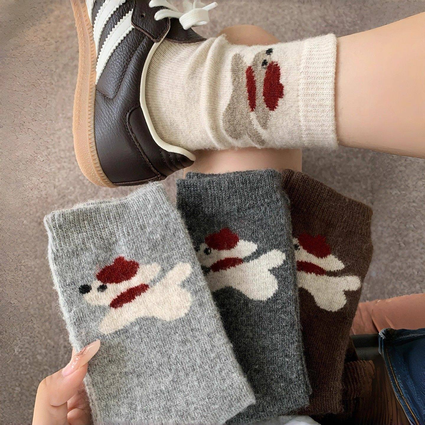 秋冬卡通可爱毛绒小狗厚实中筒袜