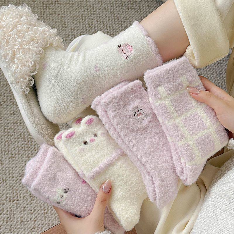 毛绒秋冬袜子女粉紫猫咪可爱动物
