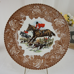 欧式 饰摆件 中古摆盘装 手工制作骑马打猎图案陶瓷盘 西洋古董收藏
