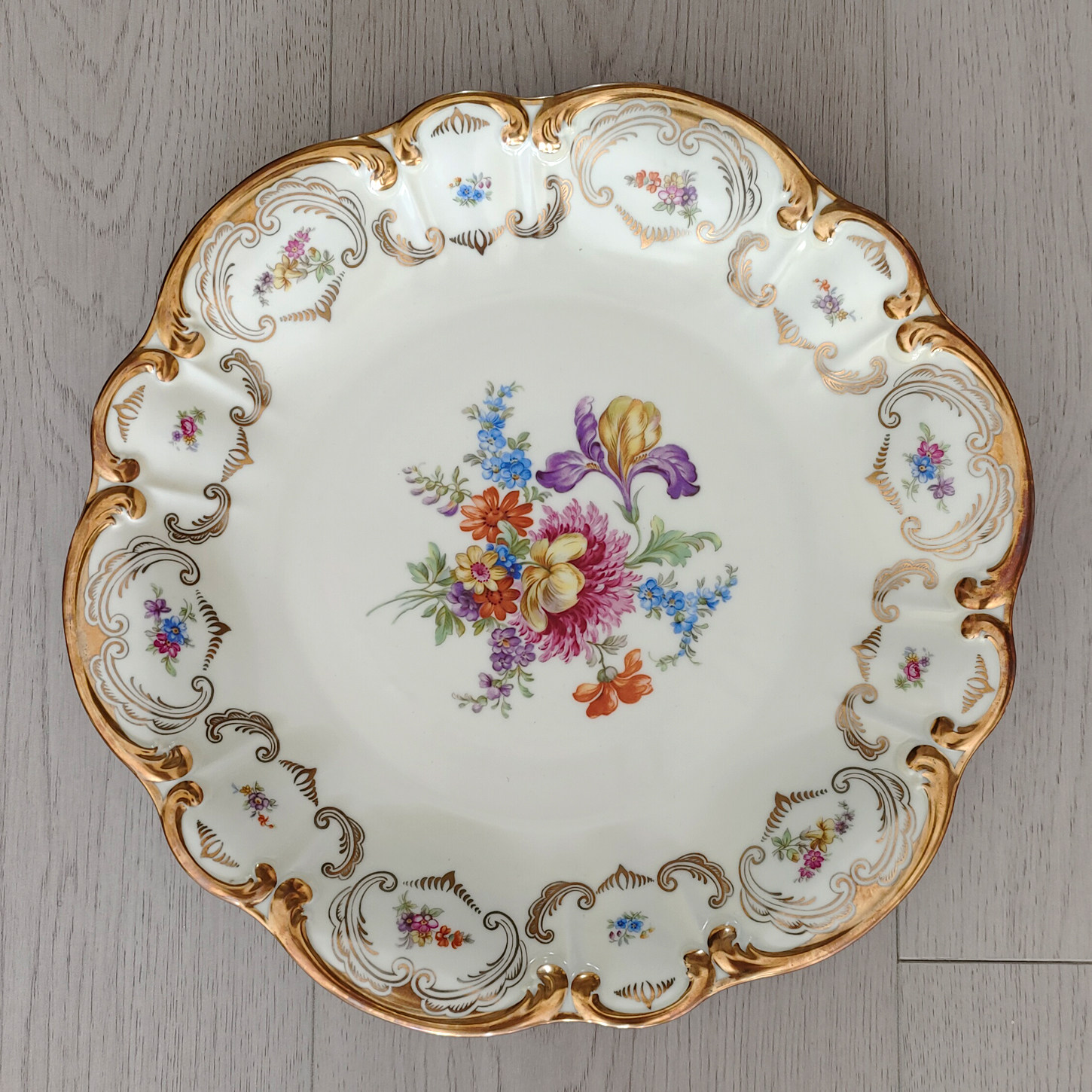 西洋收藏品 德国手工制作手绘花卉描金陶瓷盘果盘欧式装饰盘