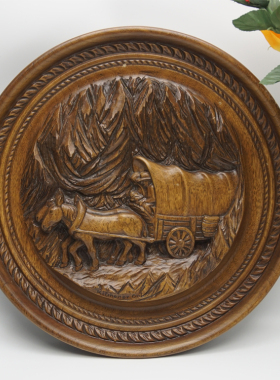 西洋收藏品 美国手工雕刻立体图案木板画 居家装饰复古木雕摆件