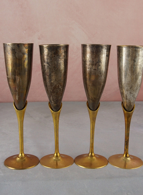 西洋收藏品印度手工制作镀银铜酒杯高杯中古酒具异形酒杯装饰摆件