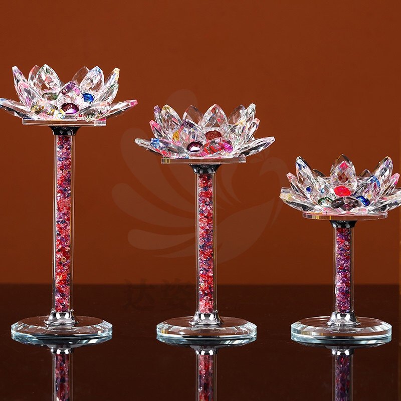 新款高柱灌彩钻水晶烛台莲花供灯长明灯灯家用装饰莲小摆件