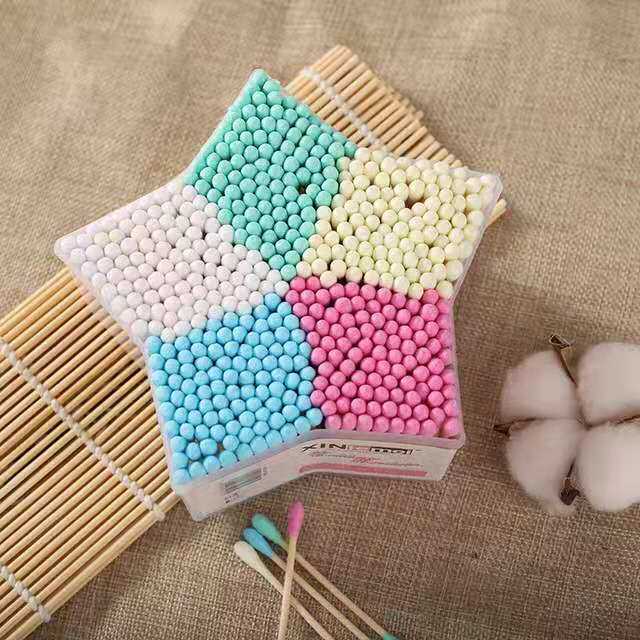 [COLOR COTTON SWABS] CREATIVE BOXED FIVE-COLOR 500 DOUBLE-ENDED DISPOSABLE WOODEN STICK COTTON SWABS TO REMOVE MAKEUP AND EAR CLEANING COTTON SWABS