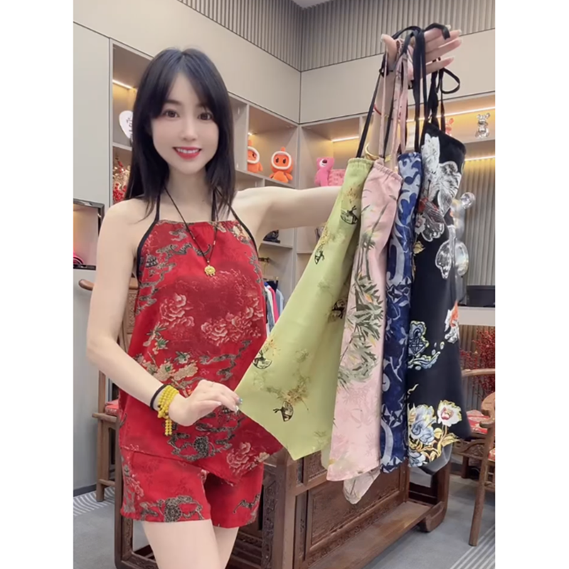 2025新款睡衣女夏季冰丝吊带肚兜短裤两件套家居服套装宽松时尚