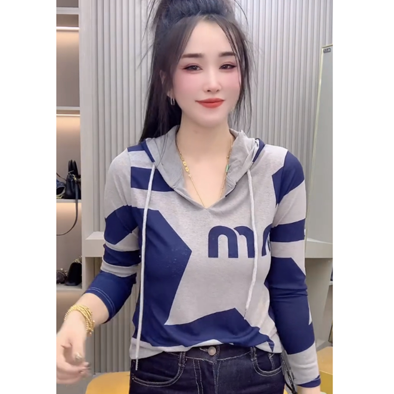 2025春季新款时尚百搭气质打底衫连帽T恤女显瘦长袖上衣网红潮流