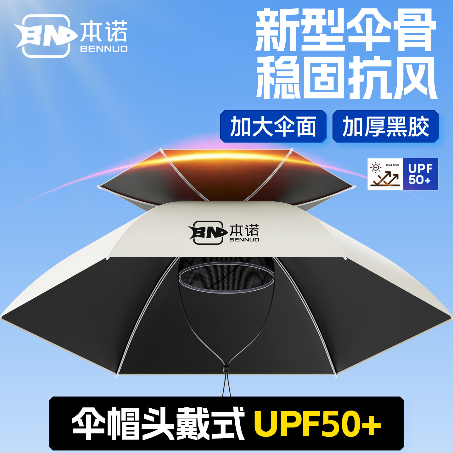 本诺钓鱼伞帽头戴式雨伞斗笠折叠头顶伞双层大号遮阳防晒帽子伞盖