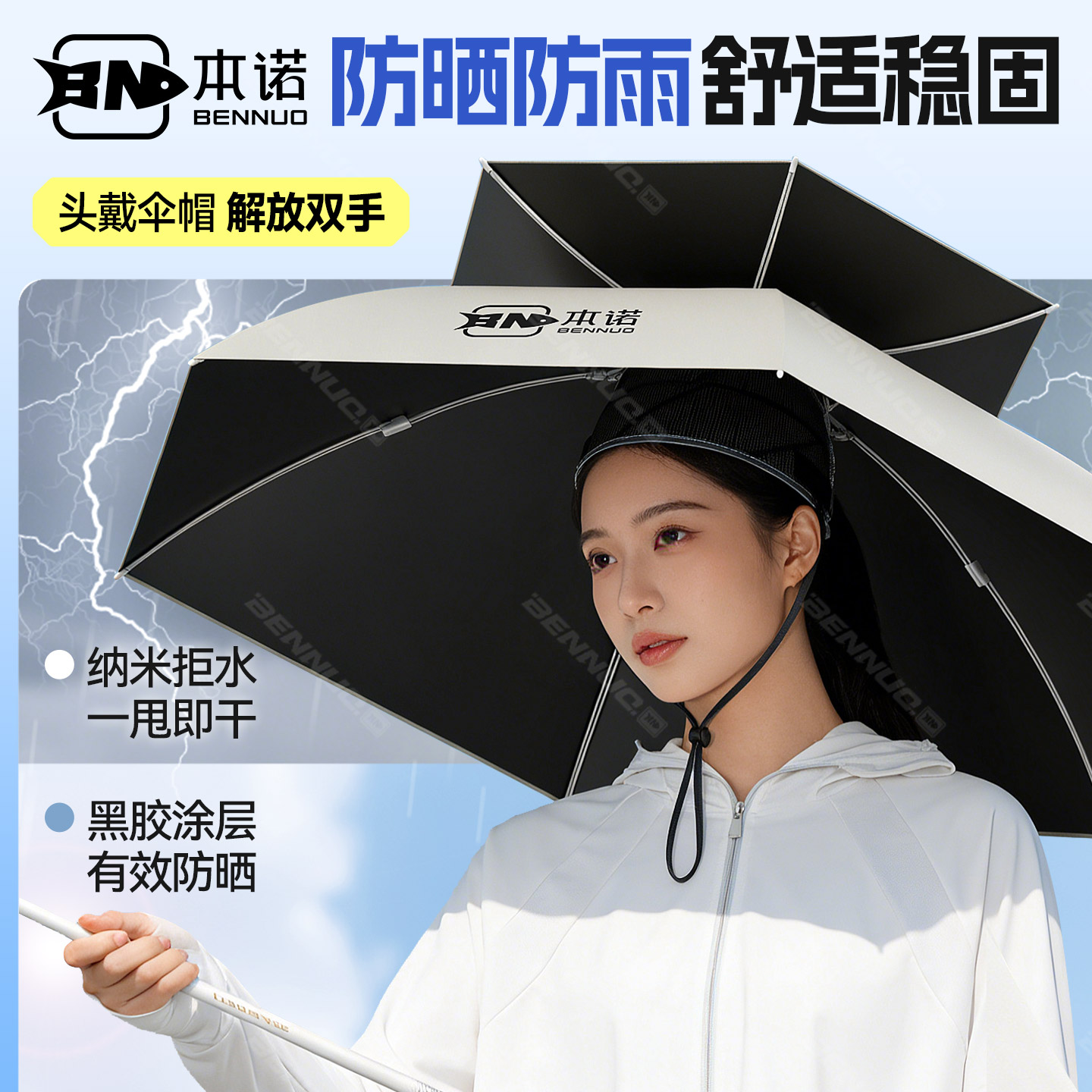 本诺头戴钓鱼伞帽双层透气加大斗笠伞可折叠头顶伞防雨垂钓遮阳帽