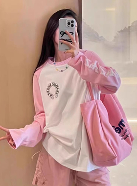 2025早秋新款十字架梵文印花美式复古撞色插肩网红同款长袖T恤女