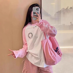 2025早秋新款十字架梵文印花美式复古撞色插肩网红同款长袖T恤女