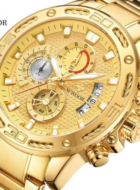 WWOOR8879男士钢带石英手表钢绳六针多功能防水表 码表 手表厂家