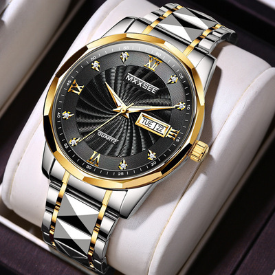 麦施手表男士商务正品休闲时尚精钢石英表夜光防水双日历腕表