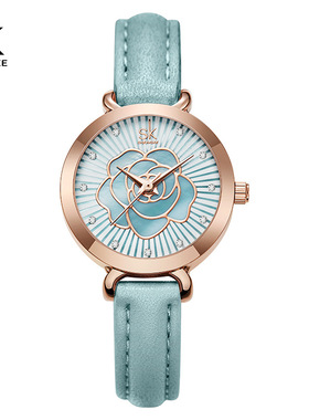 新品SHENGKE胜刻皮带款女士手表玫瑰花面石英机芯个性简约K0148