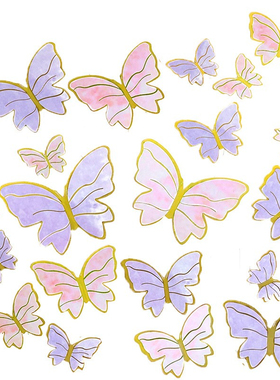 金色边纹路线条蝴蝶蛋糕装饰插件粉色紫色小仙女女神公主生日插牌