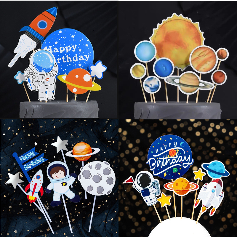 宇航员蛋糕装饰插件航天火箭生日摆件太空插旗月亮星球甜品台插牌