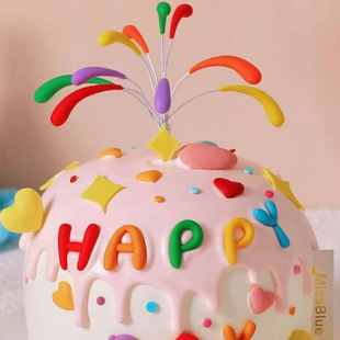 网红软胶马卡龙生日烘焙蛋糕装 饰摆件彩虹糖果色礼花火happy插牌