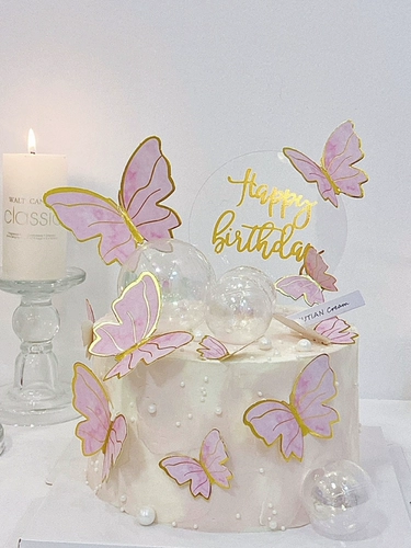 Розовая бабочка для украшения торта, фиолетовый золотой край, имитация бабочки, фантомный шар, фон, день рождения, десертный стол, флаг