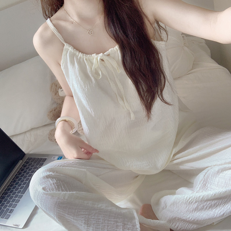 带胸垫奶呼呼睡衣女款夏季吊带长裤性感法式可外穿家居服两件套装