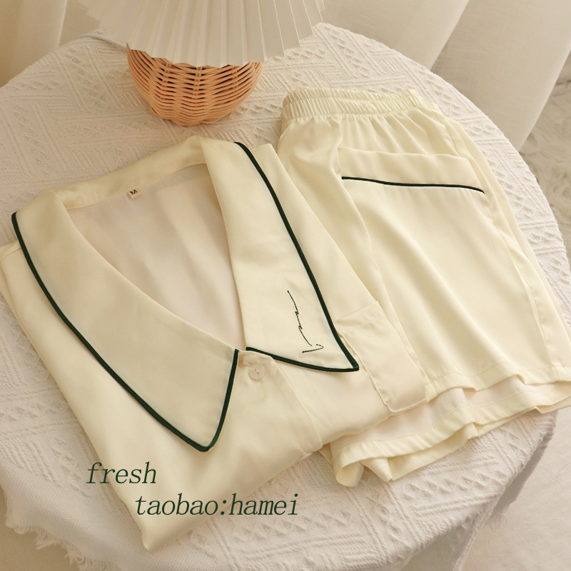 THE MORE SIMPLE THE HIGHER AND RETRO EUROPEAN AND AMERICAN STYLE  PAJAMAS WOMENS SUMMER SILK EMBROIDERY PEAK COLLAR SHORT-SLEEVED SHORTS SET