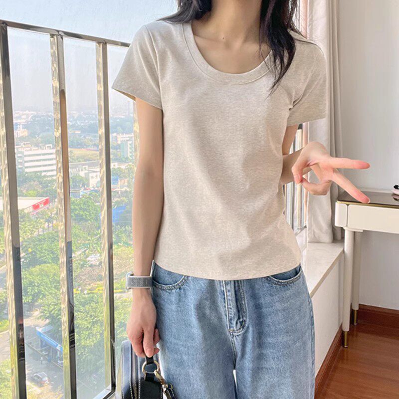 经典基础款U领灰色百搭短袖T恤女美式修身显瘦半袖上衣低领打底衫
