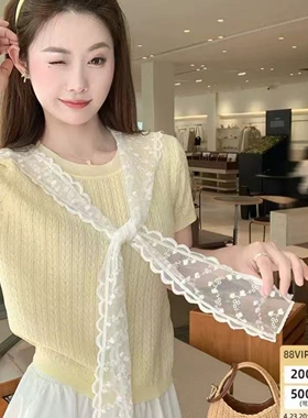 曾小咸 蕾丝披肩黄色短袖t恤女夏季针织上衣2025新款爆款初夏穿搭