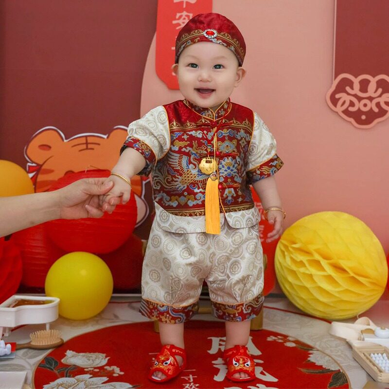周岁礼服男宝宝春夏季中式国风红色抓周套装洋气婴儿喜庆生日冠衣