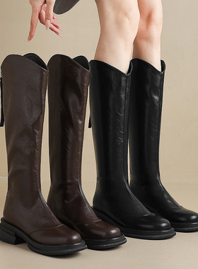 ladyblack3340大码子41-43厚底中跟防水台后拉链直筒骑士长靴女冬