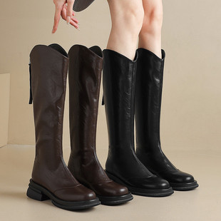ladyblack3340大码子41-43厚底中跟防水台后拉链直筒骑士长靴女冬