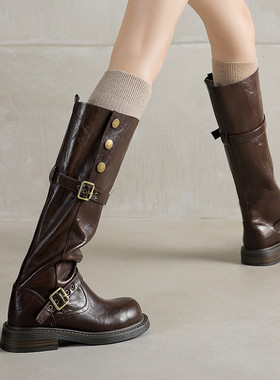ladyblack粗中跟皮带扣两穿高筒骑士靴女秋冬大码子3340长靴41-43