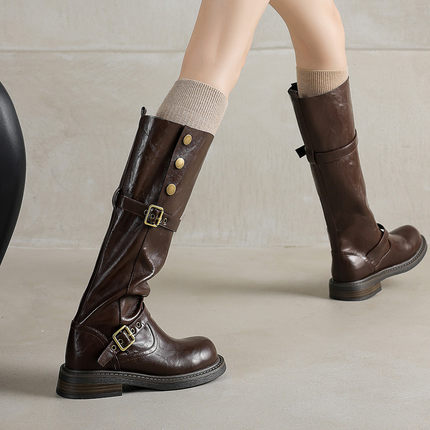 ladyblack粗中跟皮带扣两穿高筒骑士靴女秋冬大码子3340长靴41-43