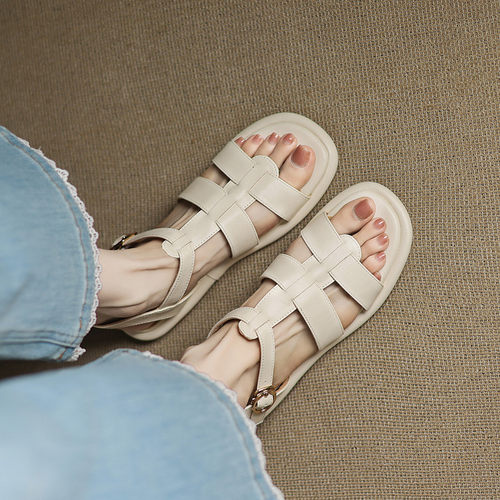 编织露趾夏季平底休闲凉鞋女大码