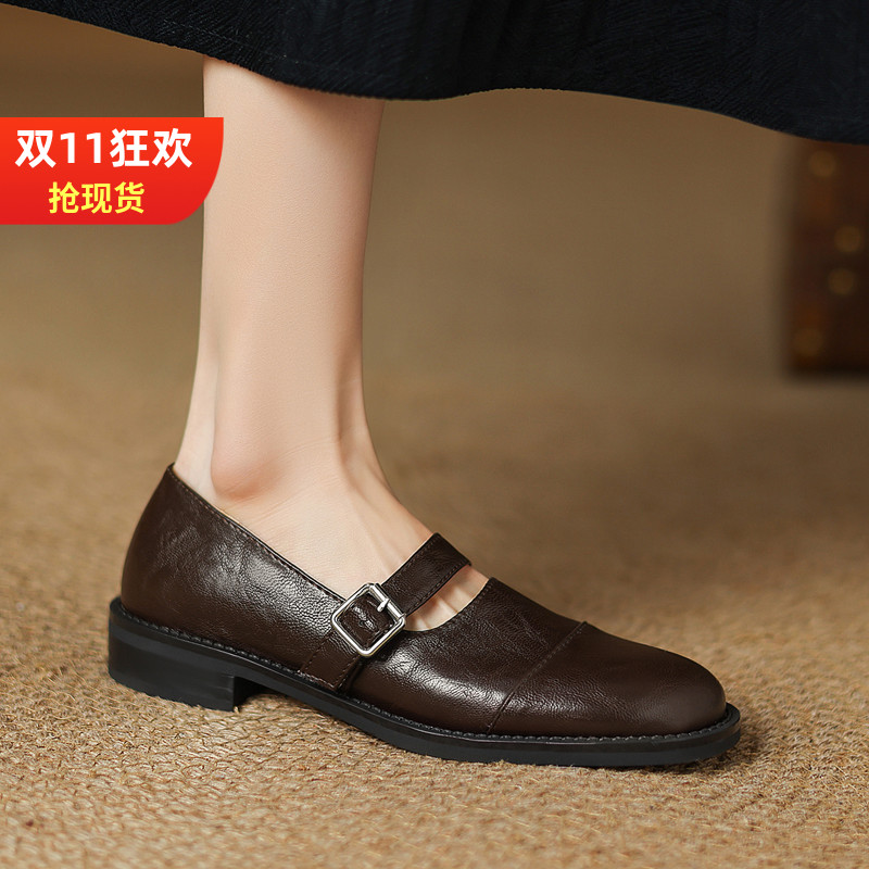 一字扣带浅口单鞋女复古玛丽珍鞋