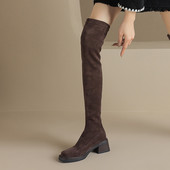 laydblack粗跟圆头弹力瘦瘦靴秋冬高跟过膝骑士靴子3340大码