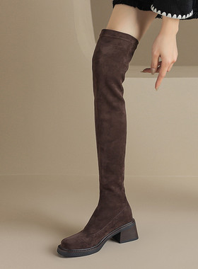 laydblack粗跟圆头弹力瘦瘦靴秋冬高跟过膝骑士靴子3340大码41-43